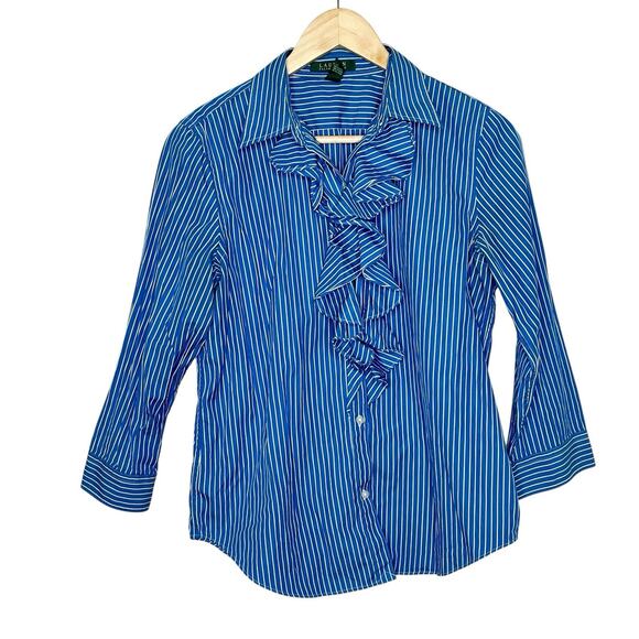 Ralph Lauren Womens Ruffled Striped Button Up Shirt Size M Blue Preppy Nautical - Picture 1 of 6